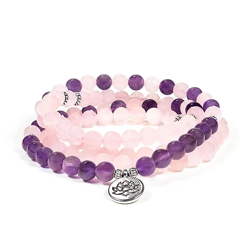 Mala Rosenquarz/Amethyst elastisch mit Lotus