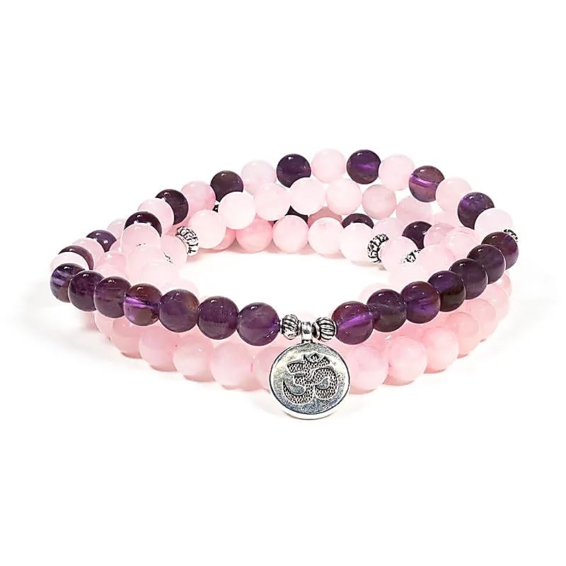 Mala rose quartz/amethyst elastic Ohm symbol.