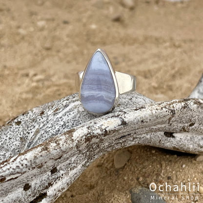 Blaue Spitzen-Achat (Chalcedon) silberner Ring Größe 56