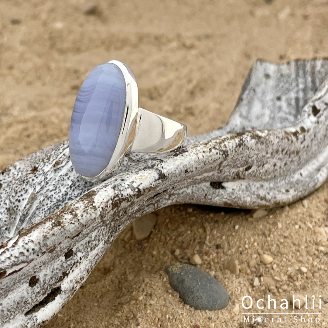 Bague en argent Agate dentelle bleue (Calcédoine) taille 53