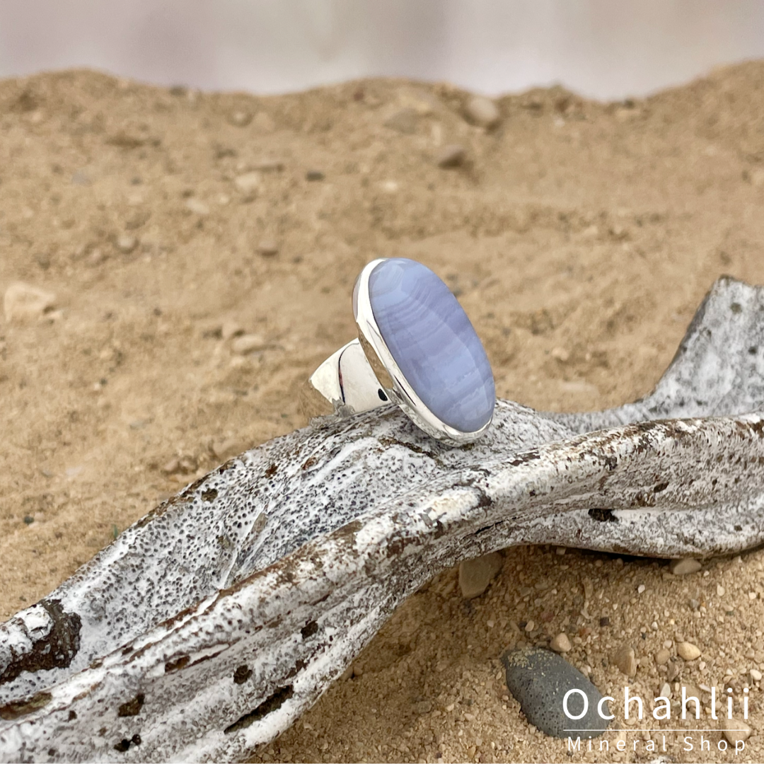 Bague en argent Agate dentelle bleue (Calcédoine) taille 53