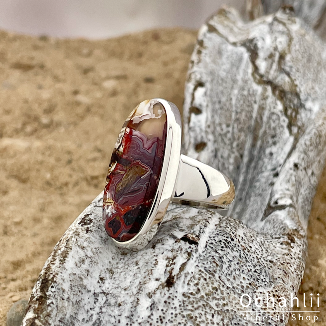 Crazy Lace Agate silver ring size 56