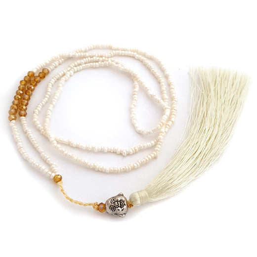 Collier perles blanches avec Bouddha