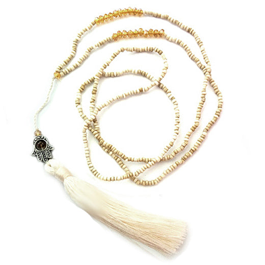 Necklace white beads with Hamsa Hand