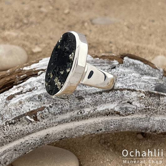 Pyrite sur bague argent ardoise taille 62