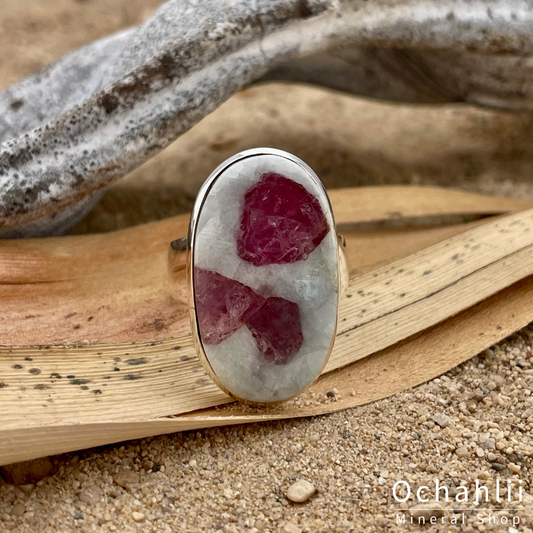 Tourmaline pink (Rubellite) on quartz silver ring size 59